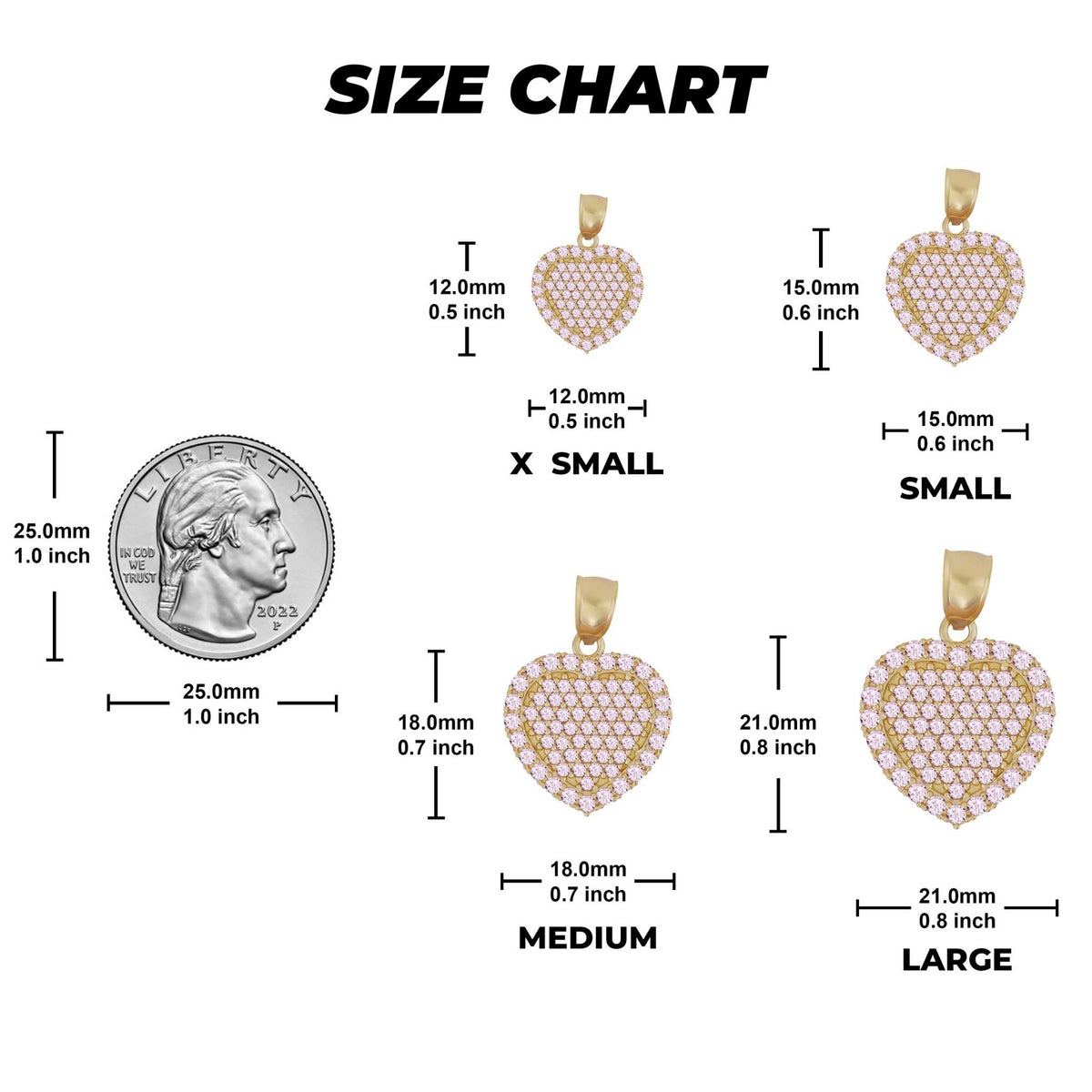 Size chart showing X Small, Small, Medium, and Large gold heart pendants with dimensions.