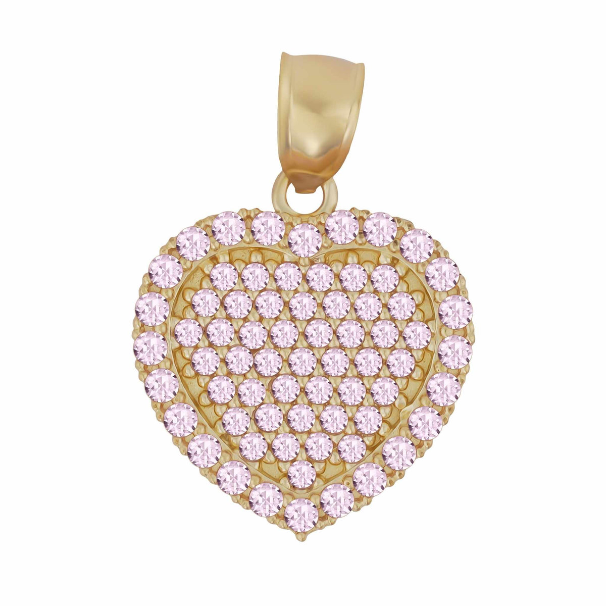 A heart-shaped 10k gold pendant covered in pink pavé cubic zirconia stones.