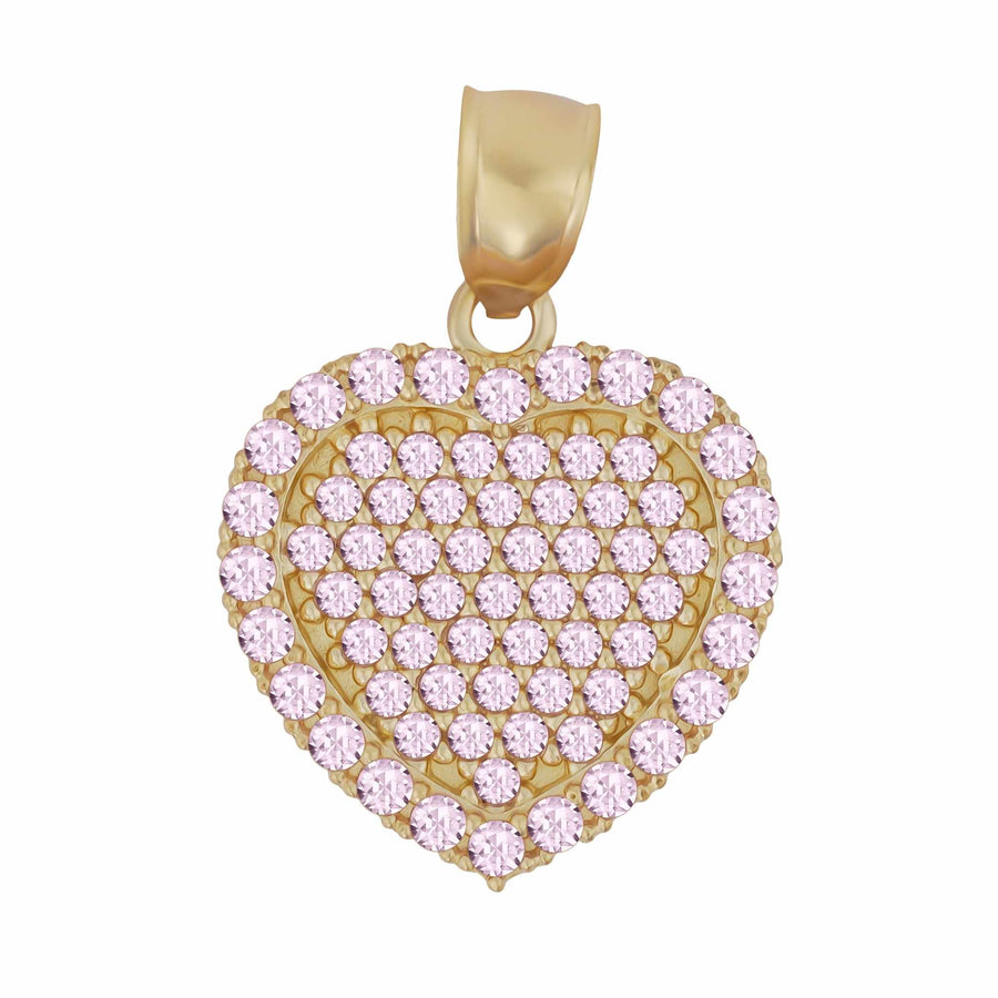 A heart-shaped 10k gold pendant covered in pink pavé cubic zirconia stones.