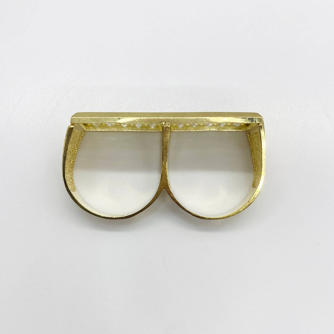 10k Gold two finger ring with a unique rectangular design top view on a white background