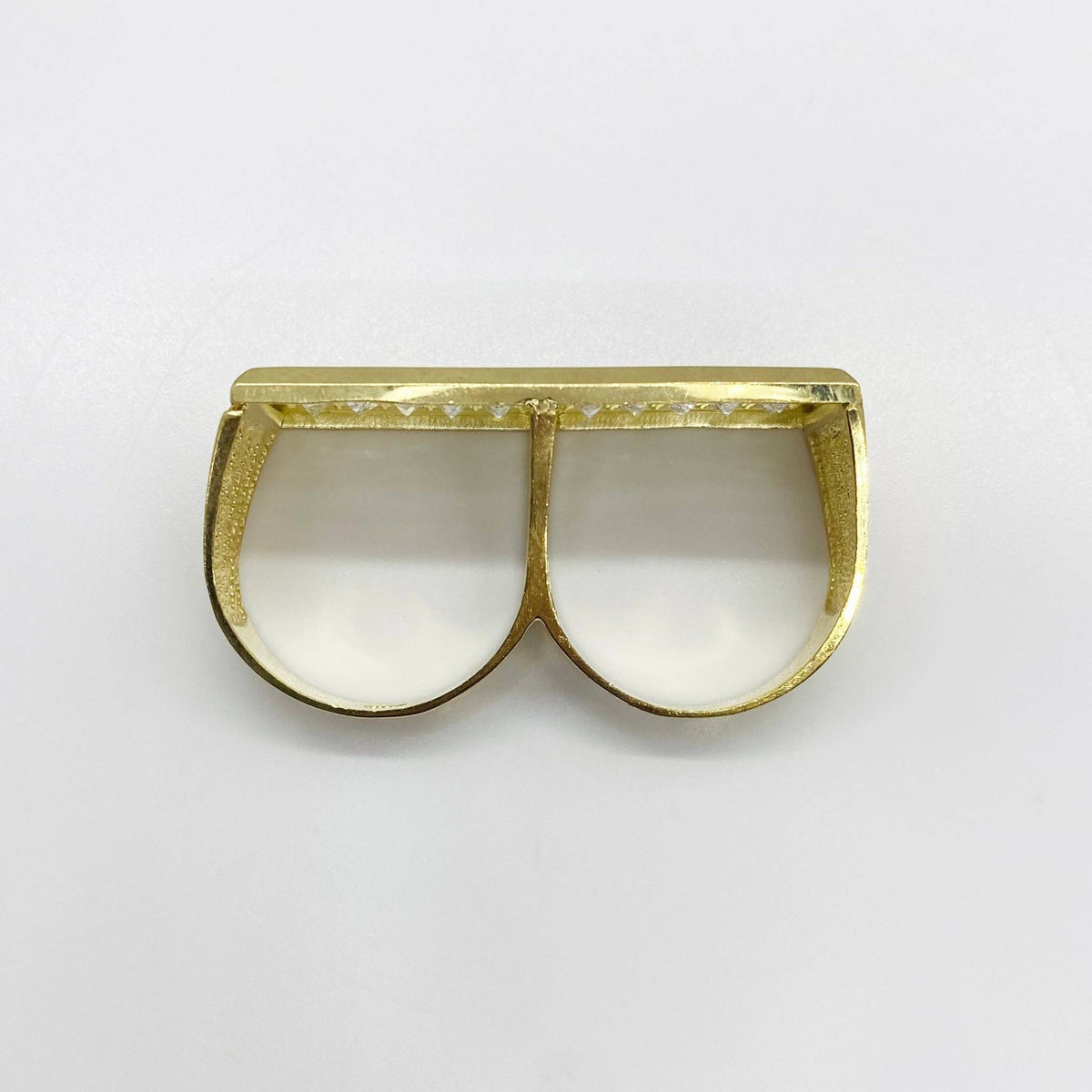 10k Gold two finger ring with a unique rectangular design top view on a white background