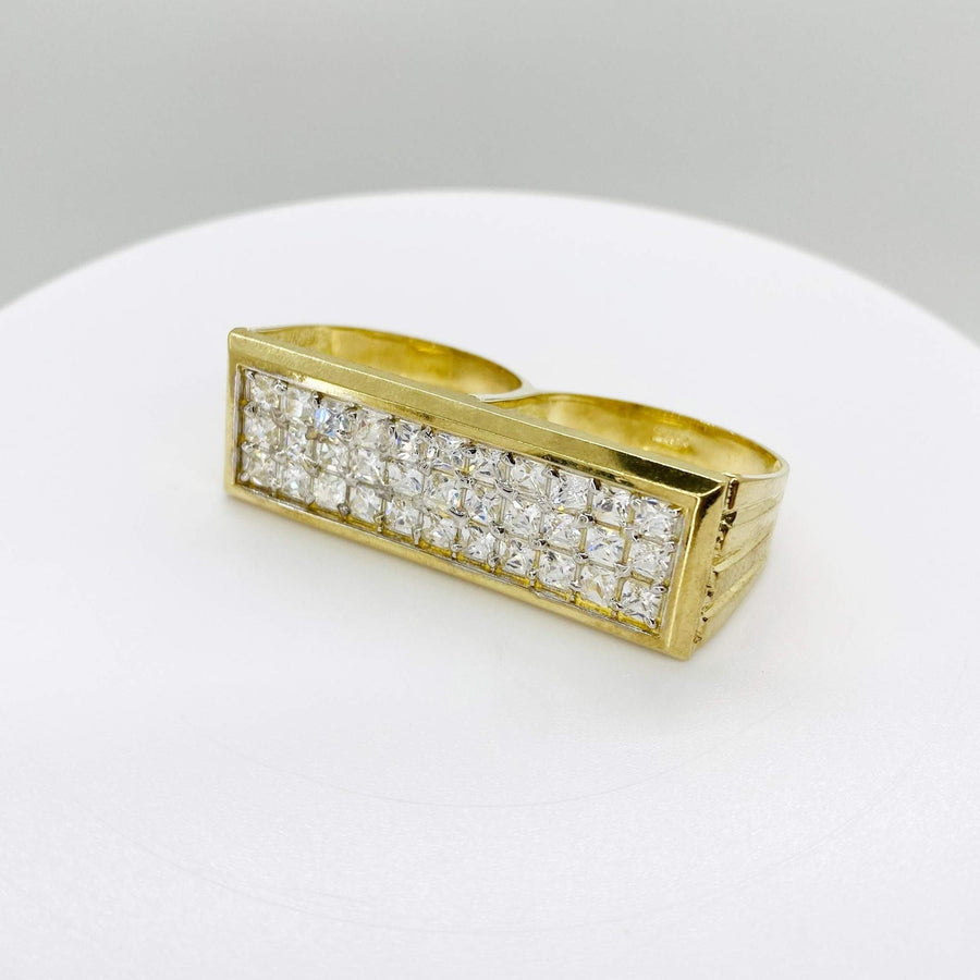 10k Gold Princess Two Finger ring with Cubic Zirconia on a white background