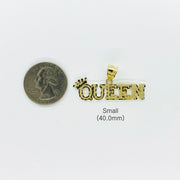 Small 10k gold diamond-cut "QUEEN" crown pendant displayed next to a US quarter for scale.