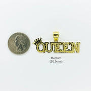 Medium 10k gold diamond-cut "QUEEN" crown pendant displayed next to a US quarter for scale.