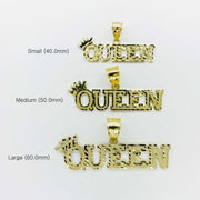 Small, Medium, and Large 10k gold diamond-cut "QUEEN" crown pendants labeled with millimeter sizes.