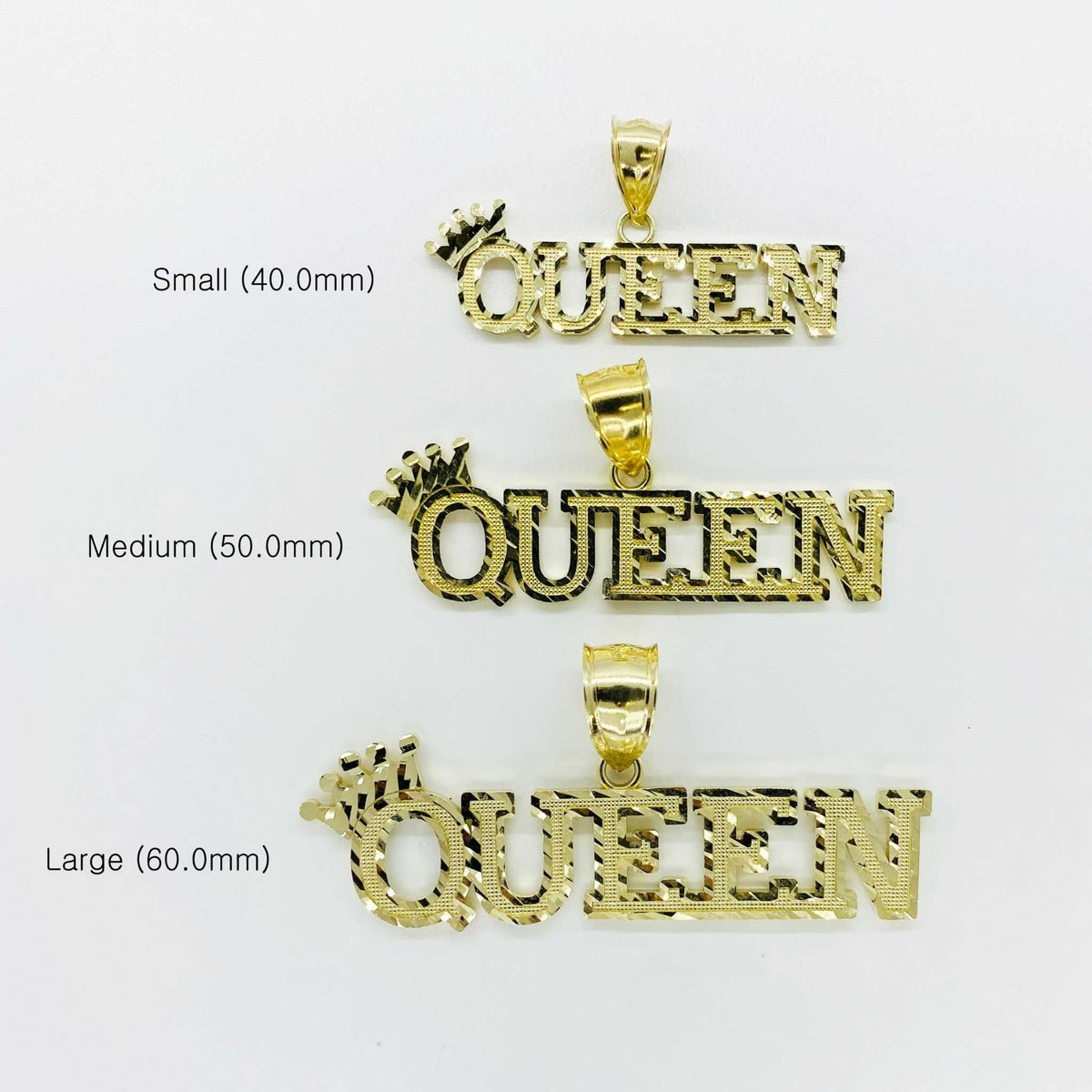 Small, Medium, and Large 10k gold diamond-cut "QUEEN" crown pendants labeled with millimeter sizes.