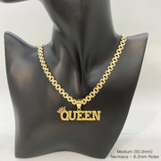 Medium gold "QUEEN" crown pendant necklace with 6.2mm Rolex chain displayed on a jewelry mannequin.