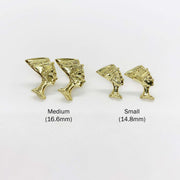 10k gold Queen Nefertiti stud earrings in small 14.8mm and medium 16.6mm sizes.