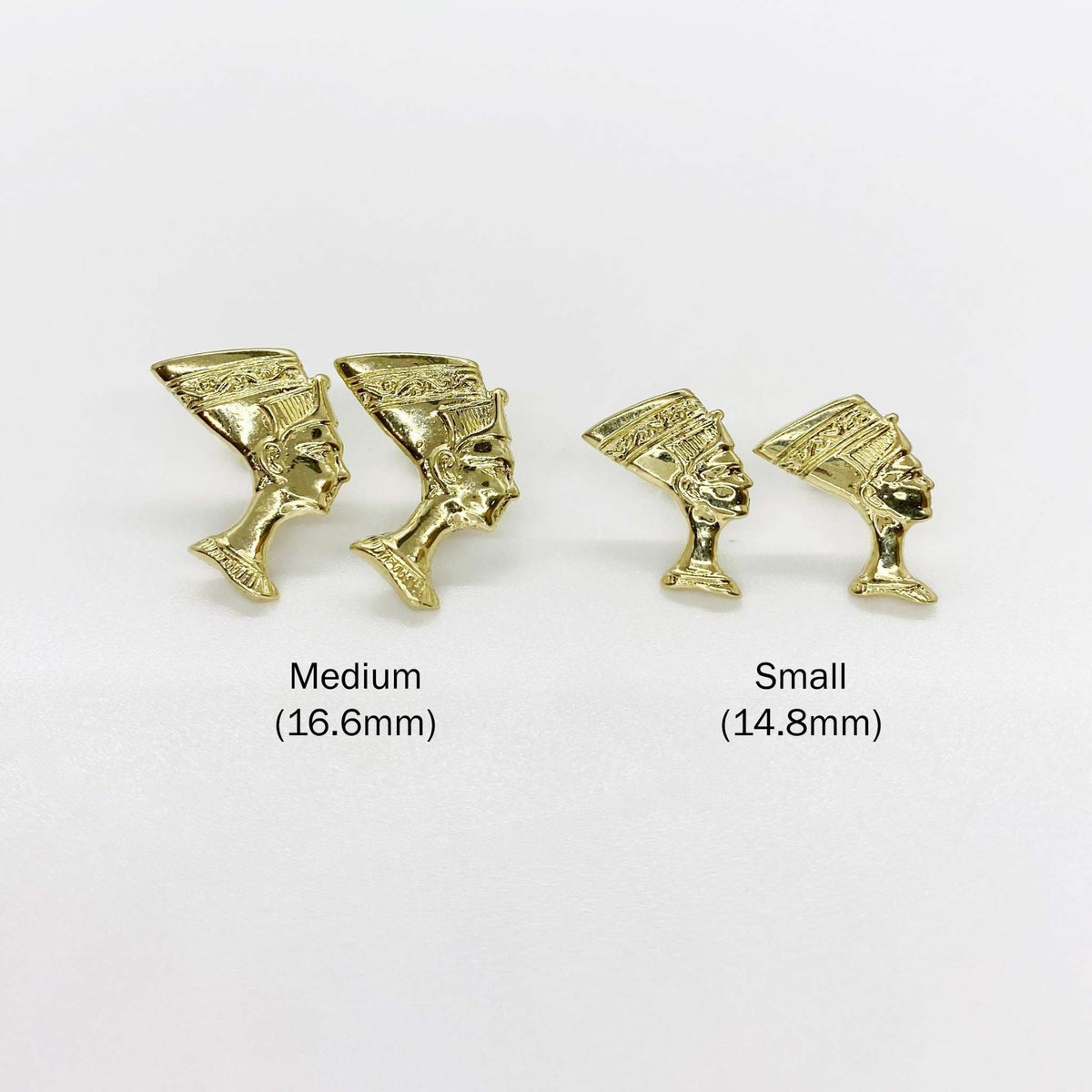 10k gold Queen Nefertiti stud earrings in small 14.8mm and medium 16.6mm sizes.