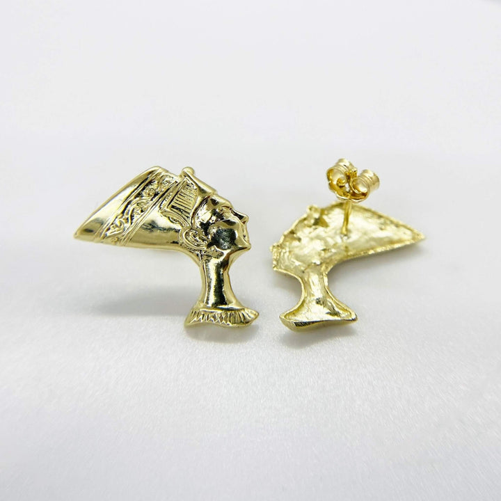 10k gold Queen Nefertiti stud earrings, showing front profile and back post detail.
