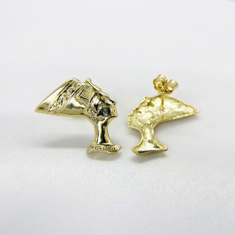 10k gold Queen Nefertiti stud earrings, showing front profile and back post detail.