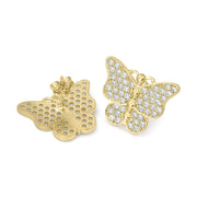 Front and back view of 10k gold butterfly stud earrings with clear CZ stones.