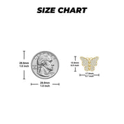 Size chart comparing 10k gold Rav butterfly stud earrings to a US quarter.