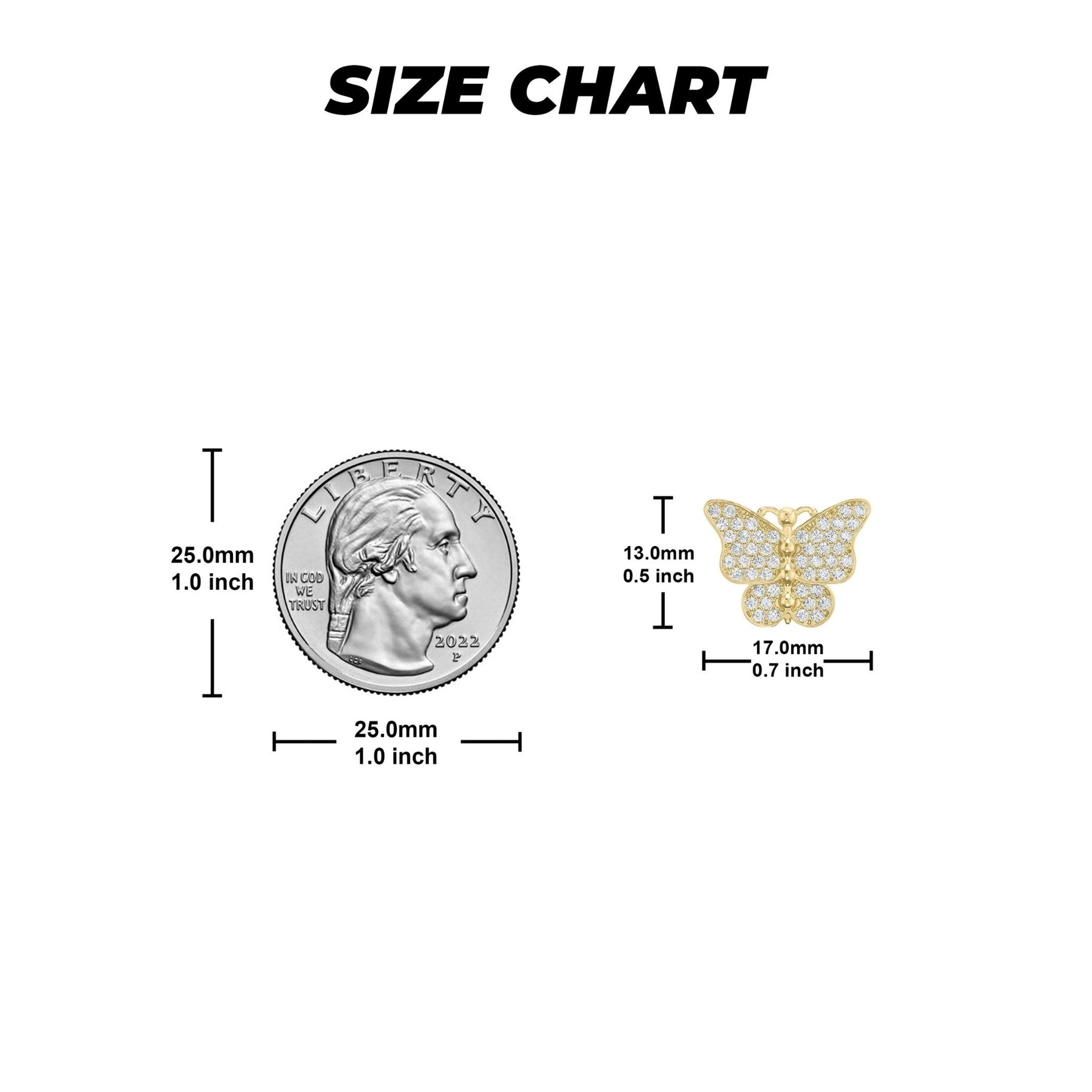 Size chart comparing 10k gold Rav butterfly stud earrings to a US quarter.