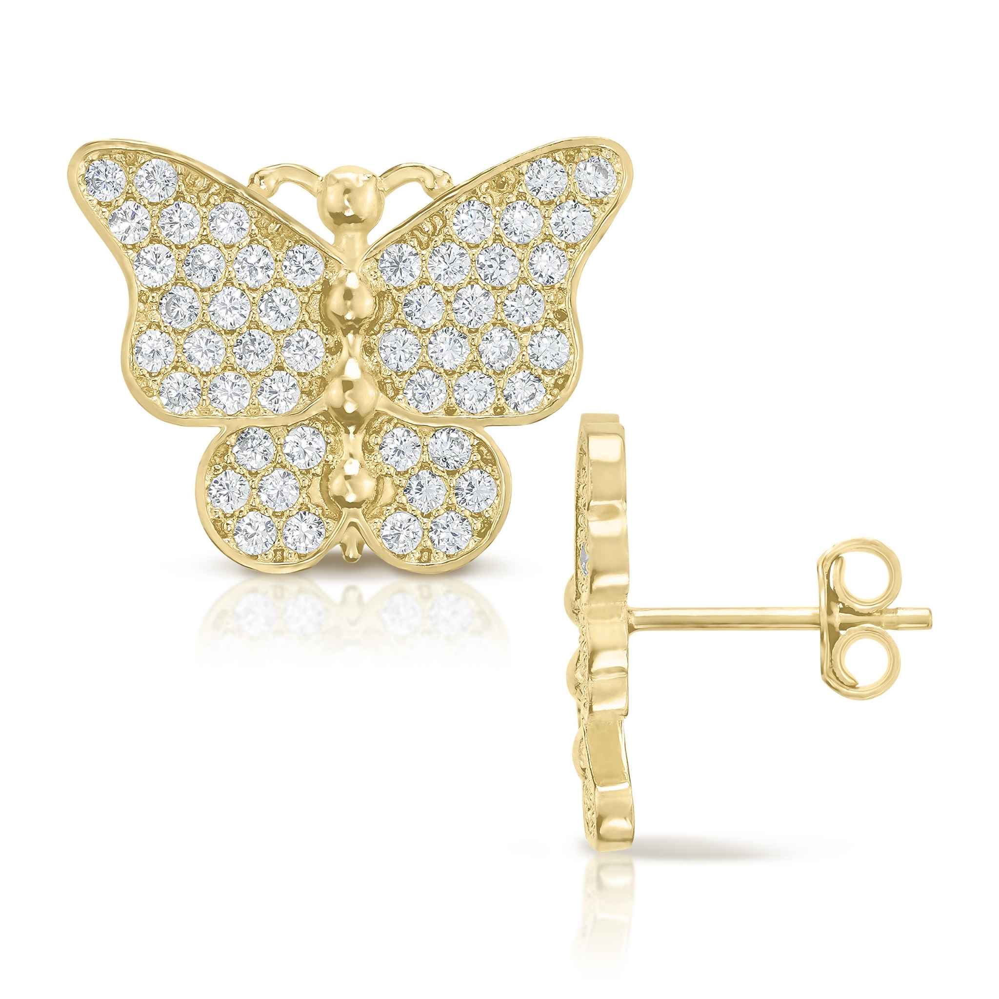 Front and side view of 10k gold butterfly stud earrings with clear CZ stones.