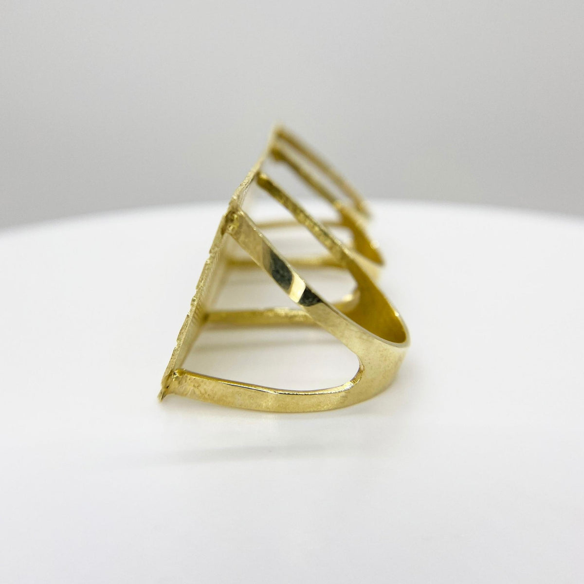 10k Gold rectangular Three Finger Ring side view on a white background