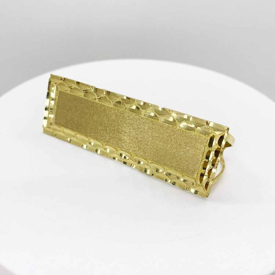 10k Gold rectangular Three Finger Ring front view on a white platform with a gray background