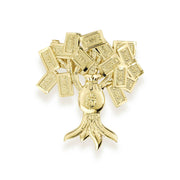 Front view of 10k gold money tree ring showing detailed hundred-dollar bills and cash bag.