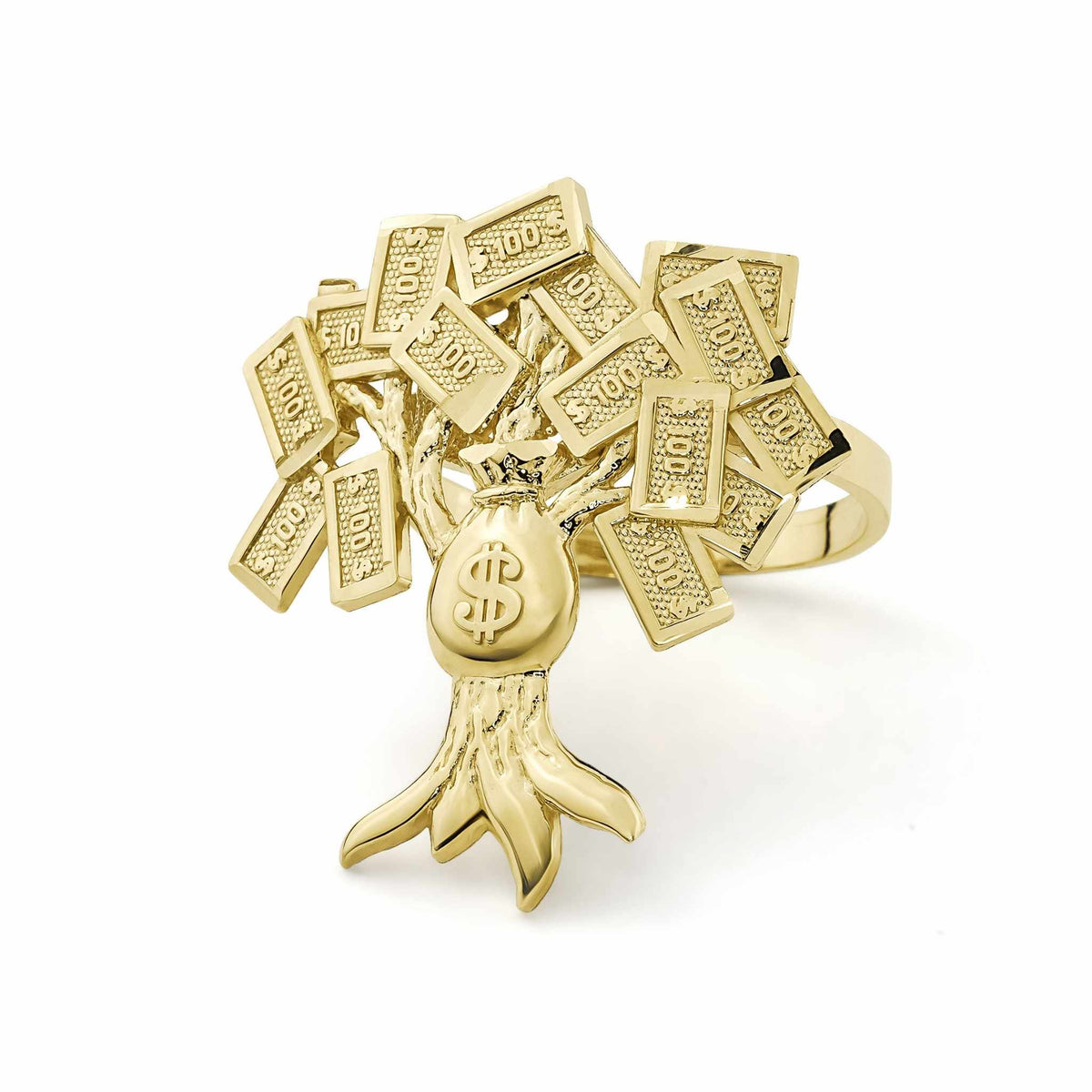 10k Gold Relic classic money tree signet ring with diamond-cut cash bag design.