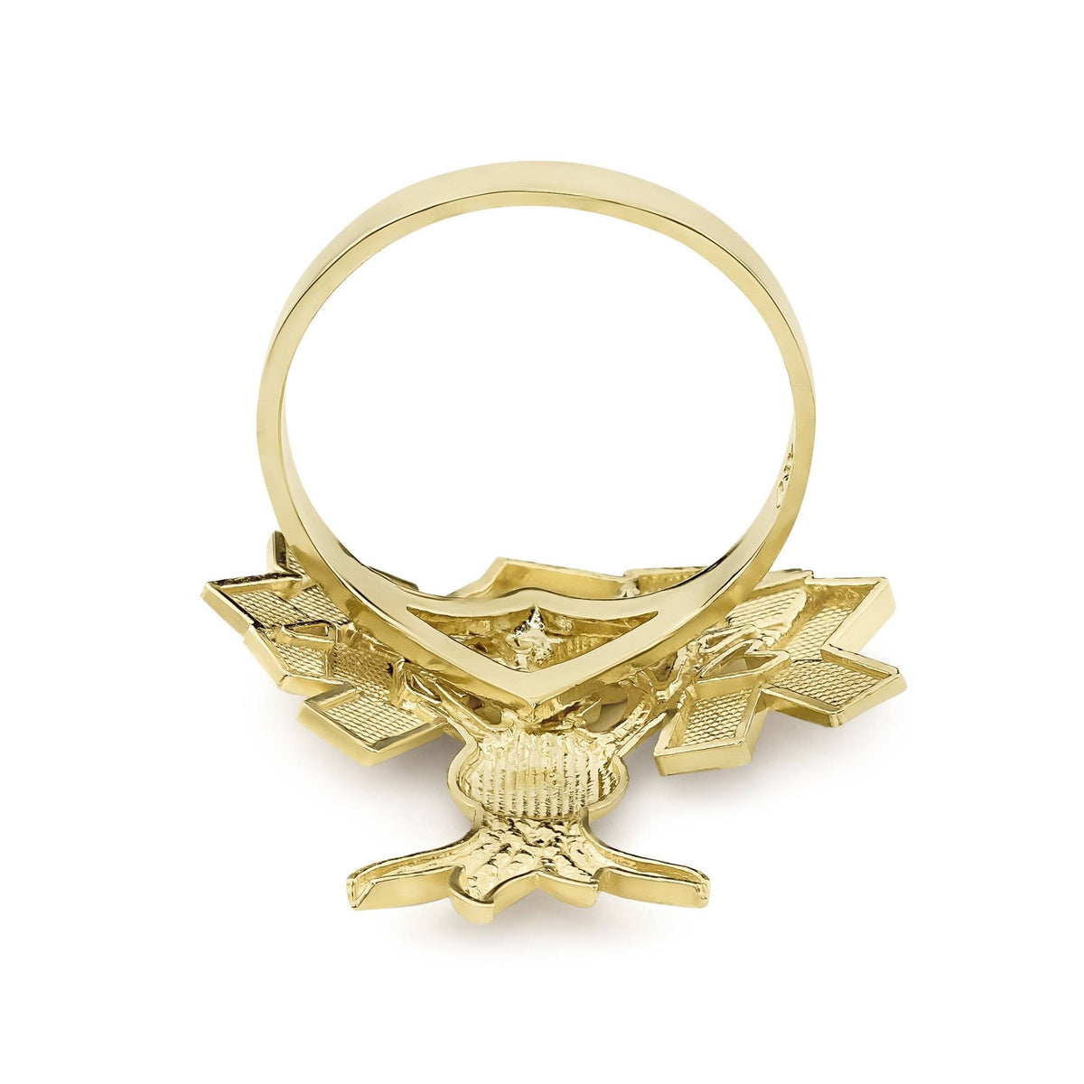Rear view of 10k yellow gold Relic classic money tree ring showing hollow band.