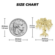 Size chart comparing 10k gold money tree ring dimensions to a US quarter.