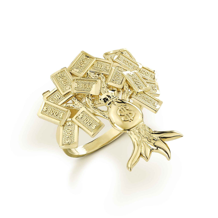 10k Gold Relic Classic Money Tree Ring with diamond-cut hundred-dollar bills and cash bag.