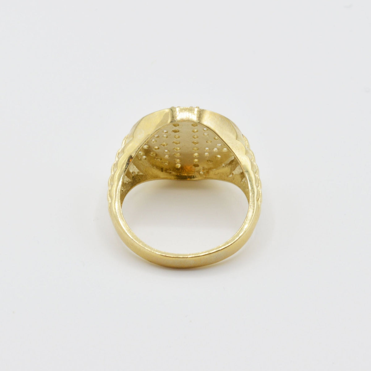 10k Gold Relic Money Sign ring with a textured surface back view on a white background