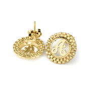 Pair of 10k yellow gold stud earrings featuring a cursive initial in a textured border.