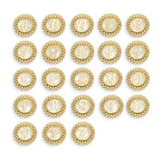 Grid of 10k yellow gold round stud earrings, each featuring a unique cursive initial.