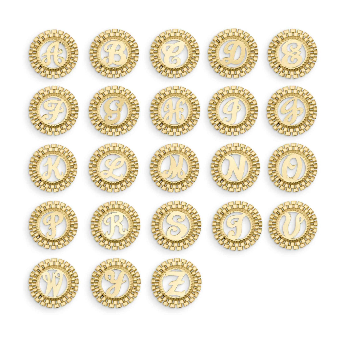 Grid of 10k yellow gold round stud earrings, each featuring a unique cursive initial.