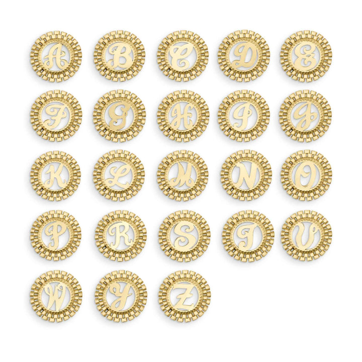 Grid of 10k yellow gold round stud earrings, each featuring a unique cursive initial.