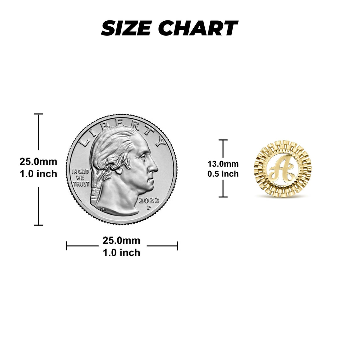 Size chart showing a 13mm initial earring next to a US quarter coin.