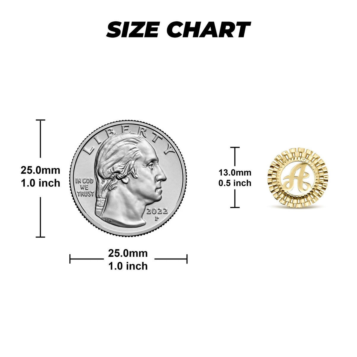 Size chart showing a 13mm initial earring next to a US quarter coin.