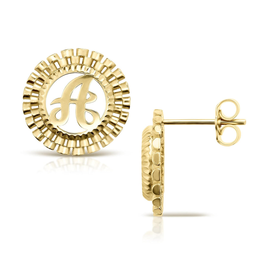 10k yellow gold round stud earring featuring an initial inside a textured border.