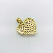 Back view of gold heart pendant featuring a textured openwork design and pink stones.
