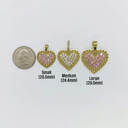 Size chart showing three gold heart pendants next to a quarter for scale.
