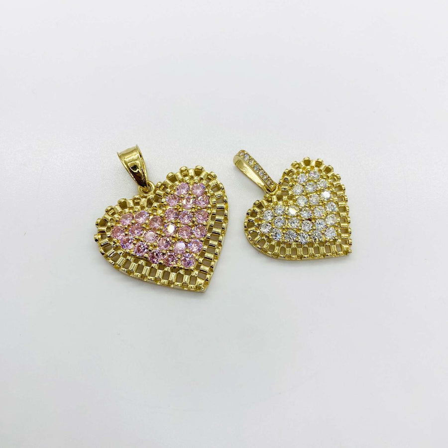 Two gold rollie-style heart pendants, one with pink stones and one with white stones.