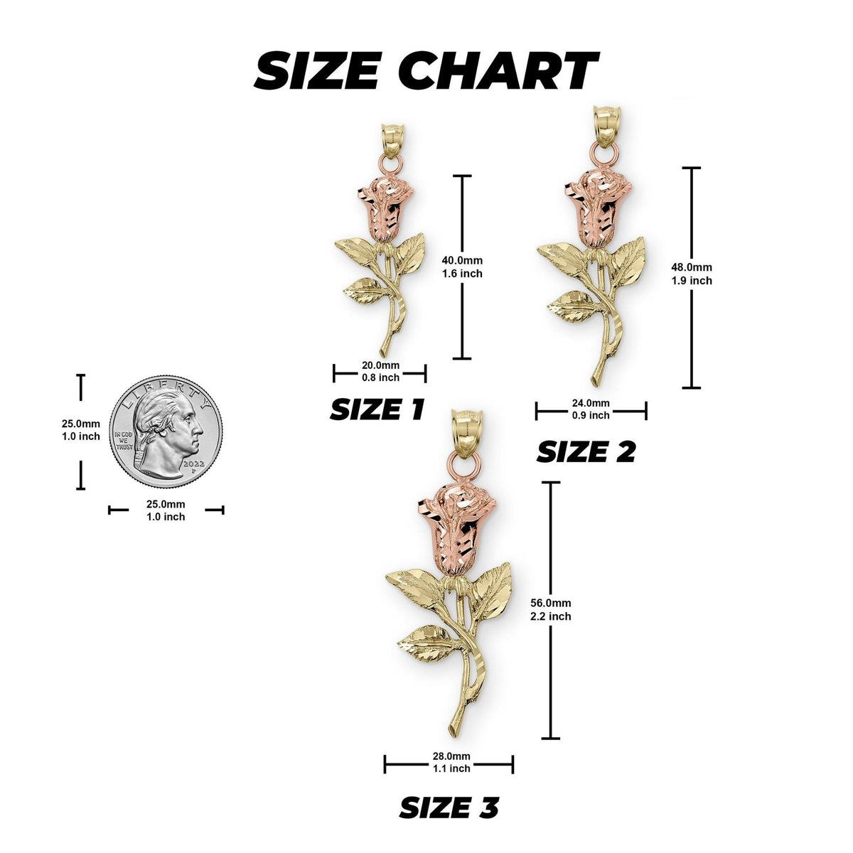 Size chart for 10k two-tone gold rose flower pendant compared to a US quarter.
