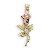 Front view of 10k two-tone gold rose flower pendant on white background.