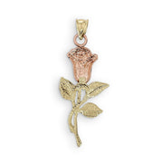 Rear view of 10k yellow and rose gold rose flower pendant on white background.