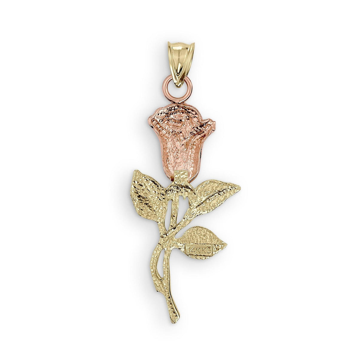 Rear view of 10k yellow and rose gold rose flower pendant on white background.
