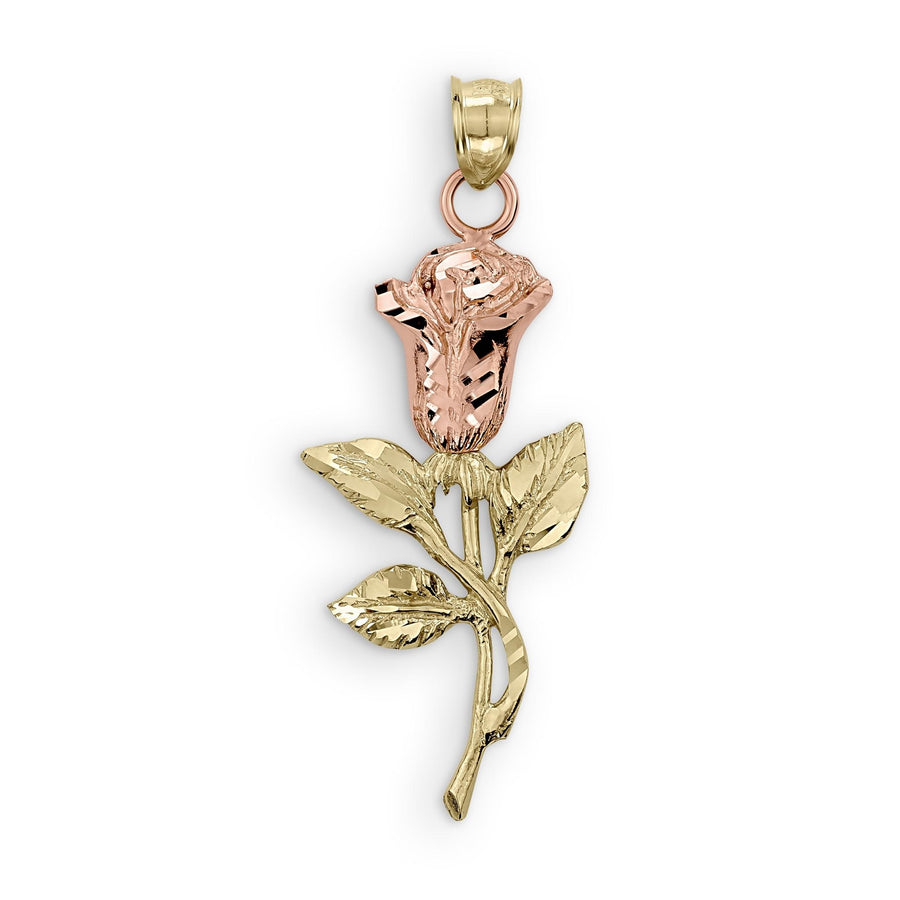 Two-tone pendant featuring a textured pink rosebud and yellow gold stem on a white background.