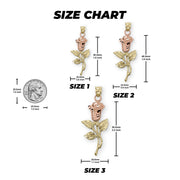 Size chart graphic displaying dimensions and coin scale for three rose pendant sizes.