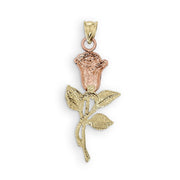 Back view of the two-tone rose pendant showing the smooth, hollowed-out reverse side and the hinged bail.