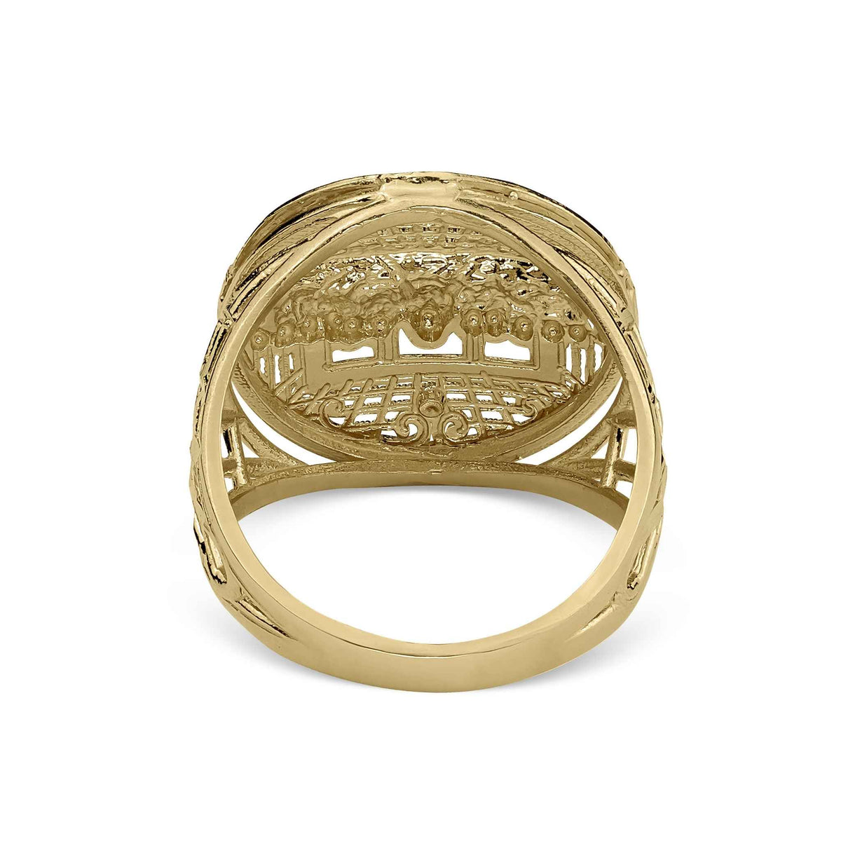 Back view of a 10k two-tone gold round Last Supper ring on white background.