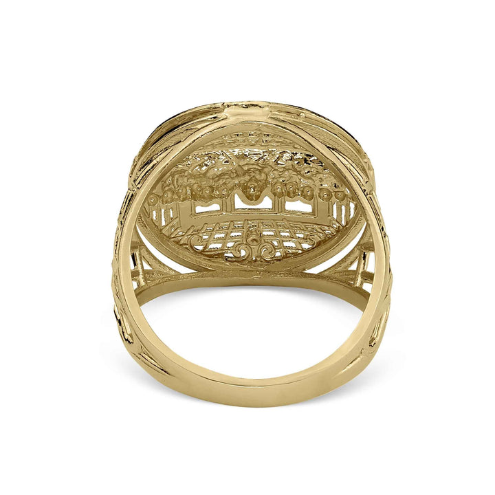 Back view of a 10k two-tone gold round Last Supper ring on white background.