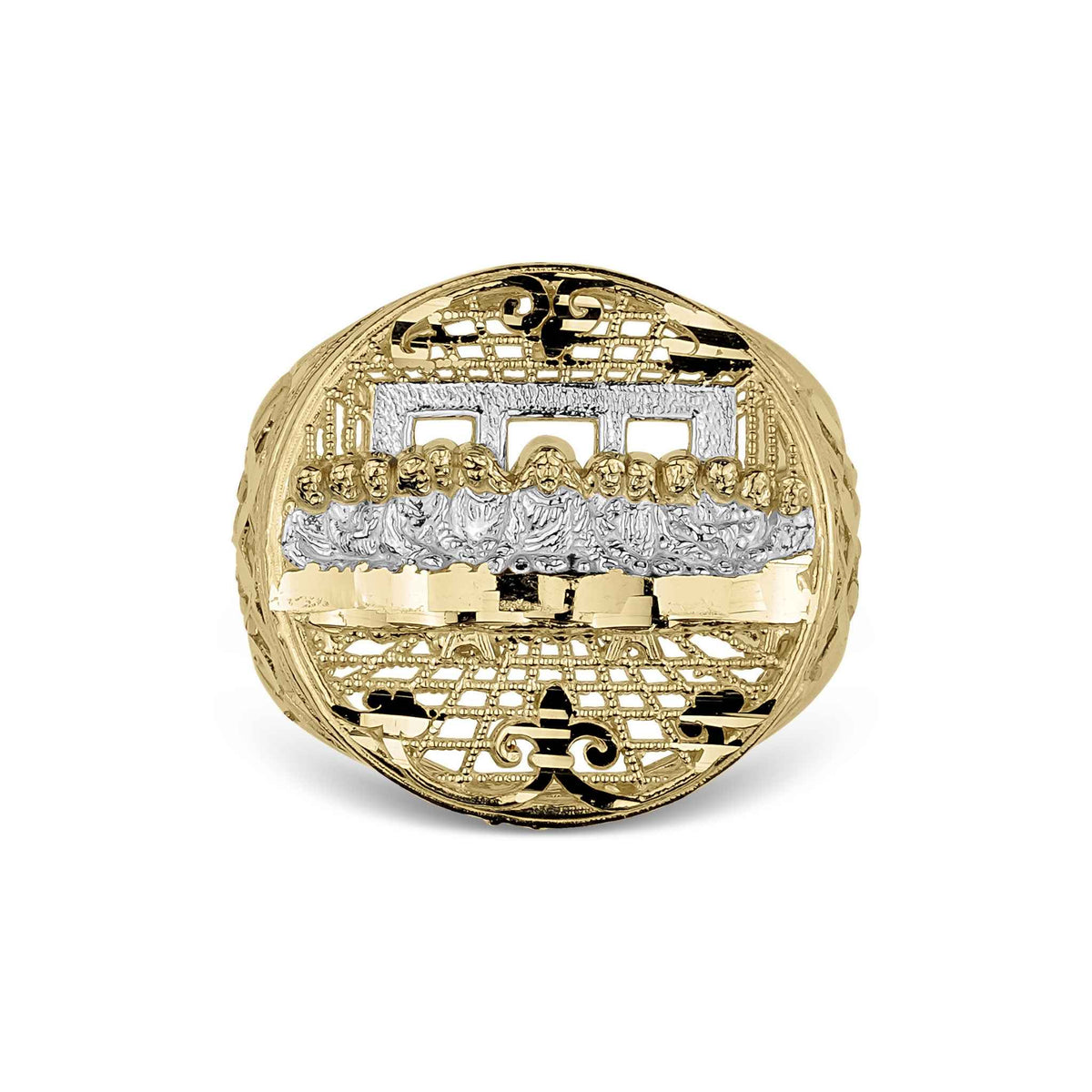 Close-up view of a 10k two-tone gold round Last Supper ring on white background.