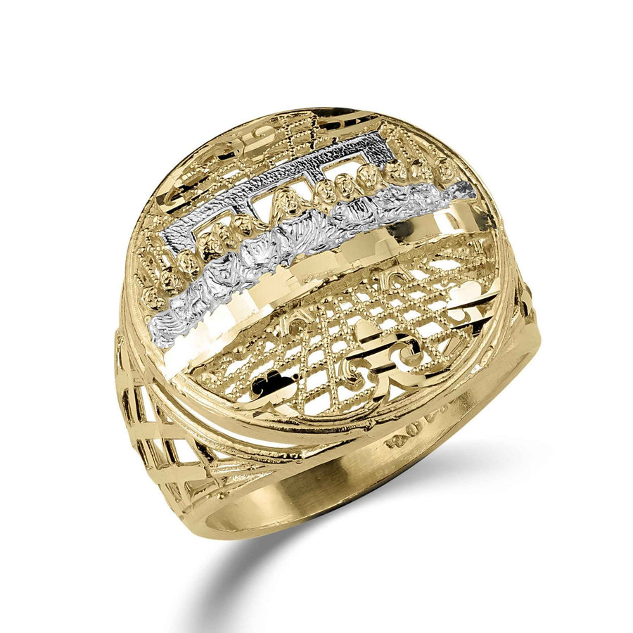 10k two-tone gold round Last Supper signet ring isolated on a white background.