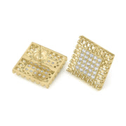 10k gold square stud earrings with pavé cubic zirconia, showing front and back views.