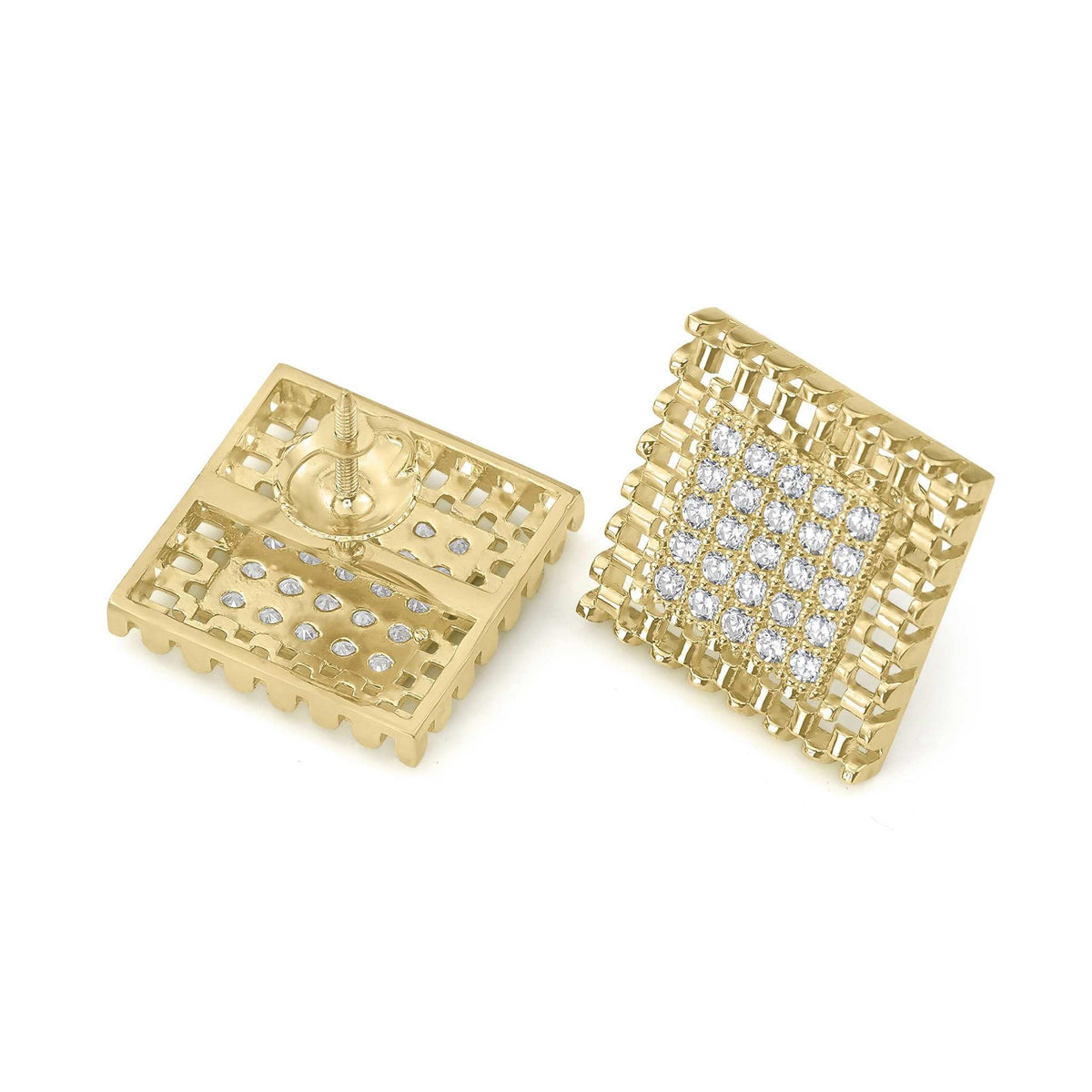 10k gold square stud earrings with pavé cubic zirconia, showing front and back views.